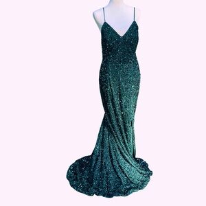 Emerald Green Sequin Mermaid Gown | Lace-Up Back 1X Formal Evening Gown